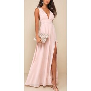 NWT Lulus Heavenly Hues Blush Pink Maxi Dress Pleated Plunging Neck Formal XS